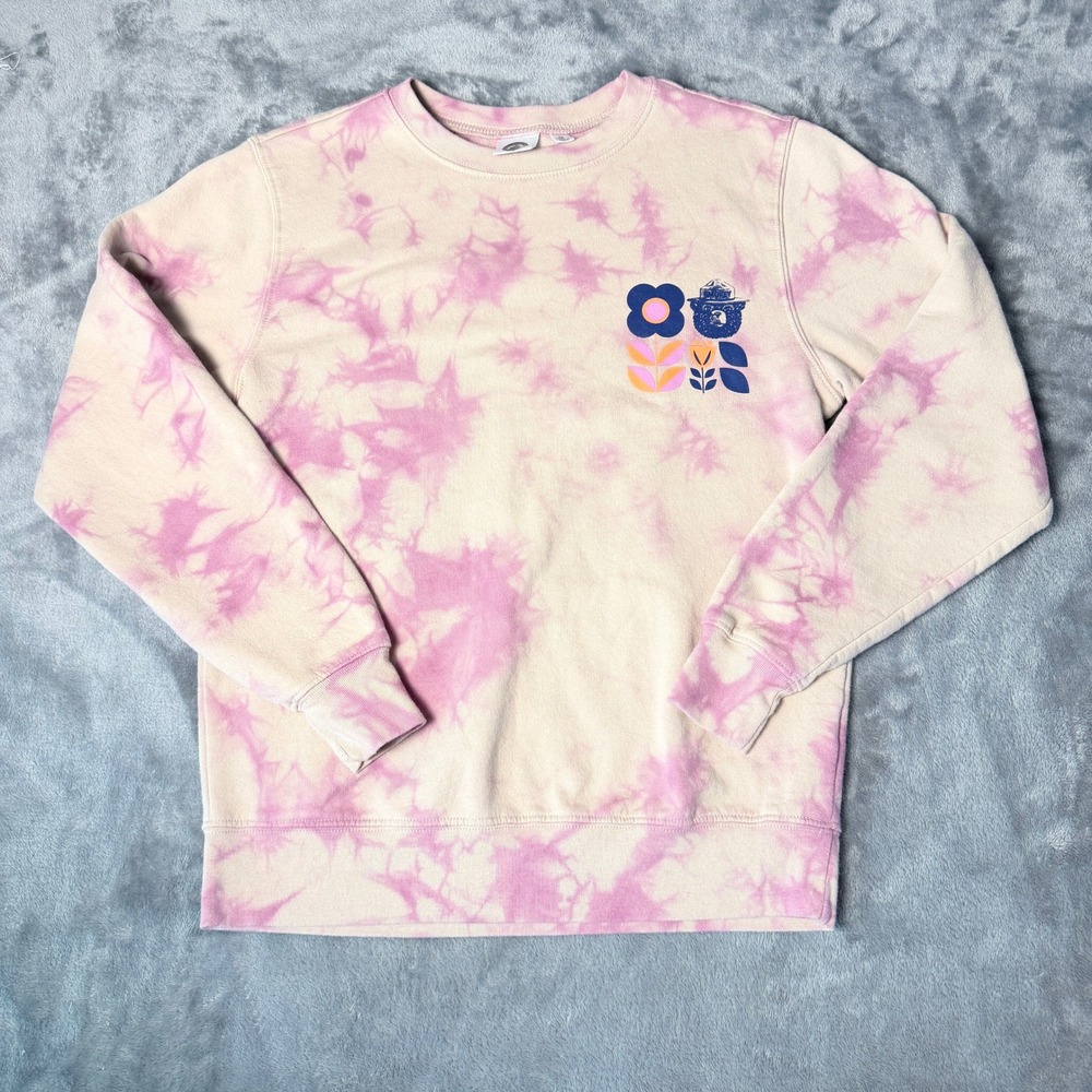 Official Smokey Bear Kids XS Tie Dye Sweatshirt Pink Cream Crewneck